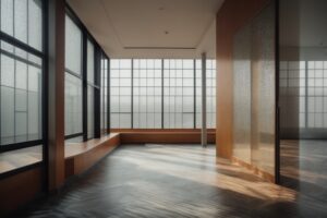 Interior room with textured window film casting patterns on floor