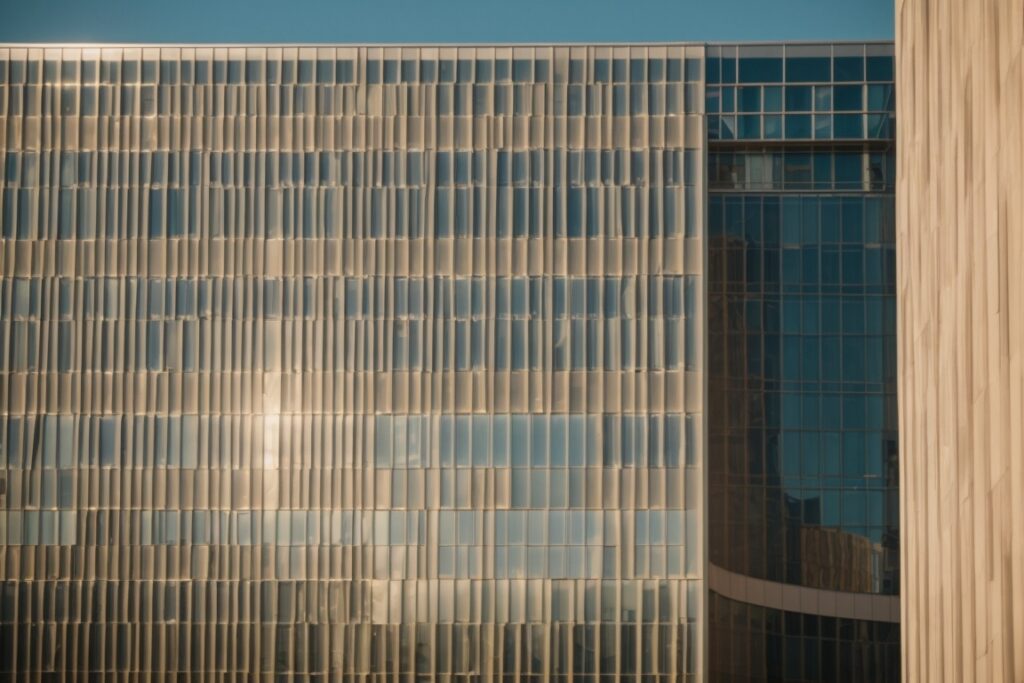 Denver building exterior with sunlight reflection and visible discomfort from heat