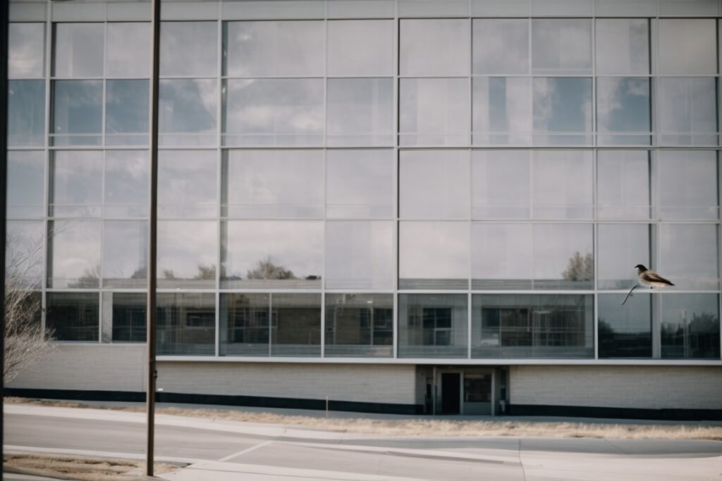 Denver school building with bird-protection window decals