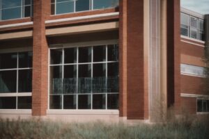 Denver school building with broken glass windows and shatterproof film installation