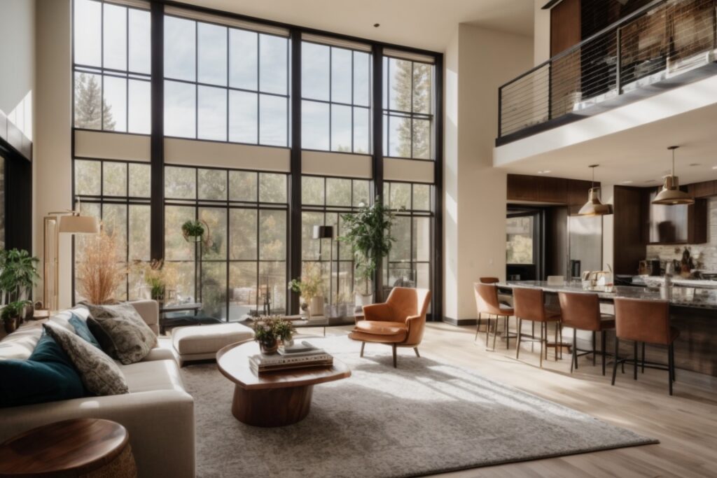 Denver home interior with large windows using glare reduction window film