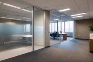 Denver office interior with frosted privacy film on windows, soft natural light filling the room