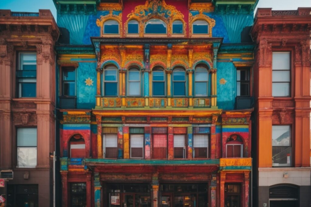 colorful building wraps on historic Denver building, vibrant artwork exterior