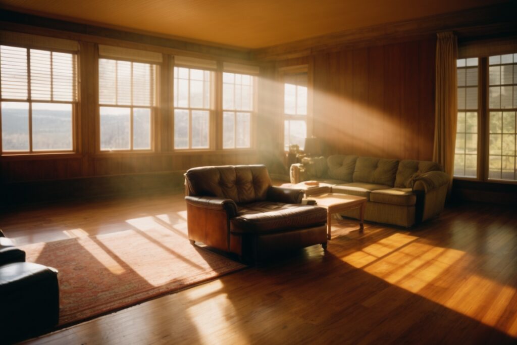 Interior of a sunlit room in Denver showing faded furniture and discolored hardwood floors near windows with visible fading film