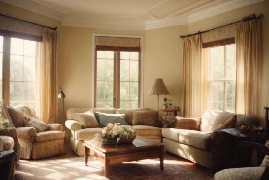 Family living room with sun glare on furniture and faded upholstery