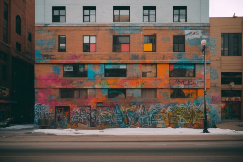 Denver building covered in vibrant graffiti with visible anti-graffiti film