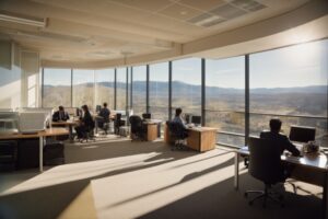 Denver office with employees using computers, sunlight filtered through glare reduction window film