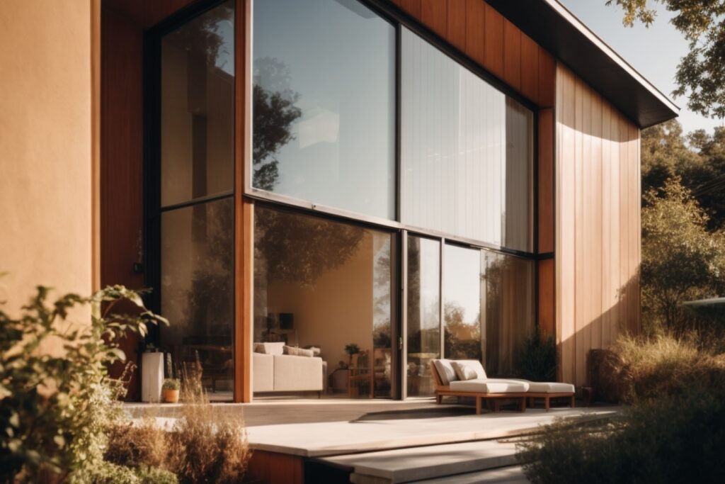 modern house with heat blocking window film, sunny day