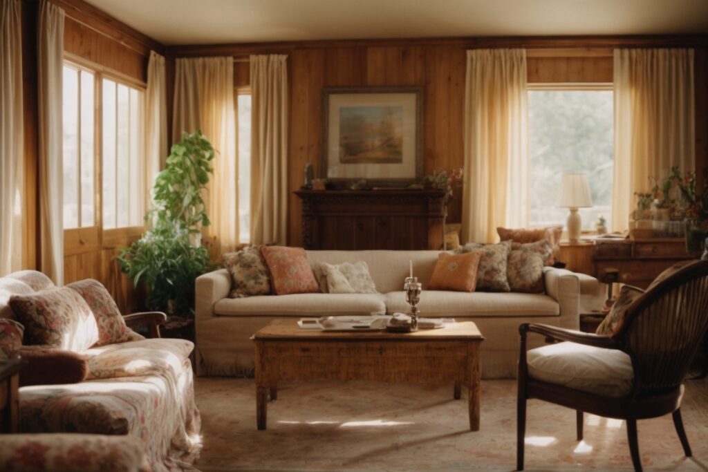 Interior of a Denver home showing faded fabrics and furniture near windows