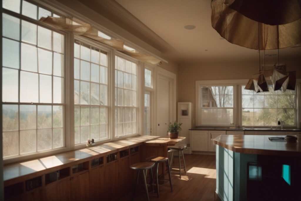Interior of a Denver home with broken windows and UV-filtering security film