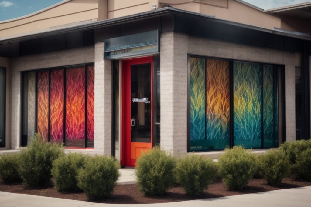 commercial building exterior with vibrant custom window tints showcasing artistic patterns and company logos