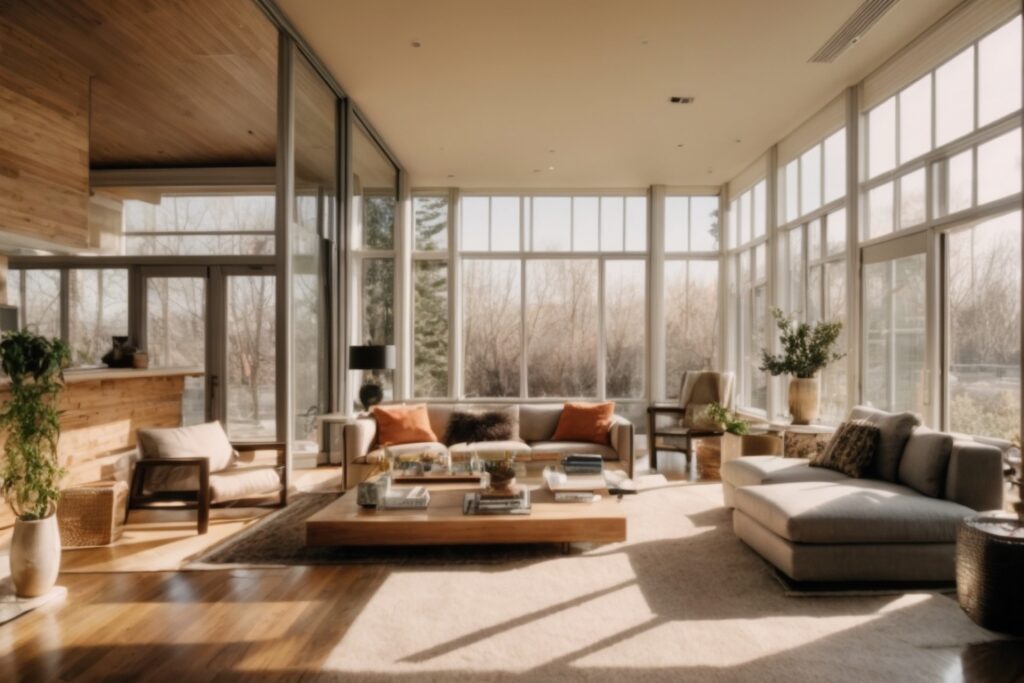 Interior of a Denver home showing sunlit living room with opaque tinted windows